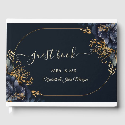 Elegante marineblauwe bloemen gastenboek (Voorkant)