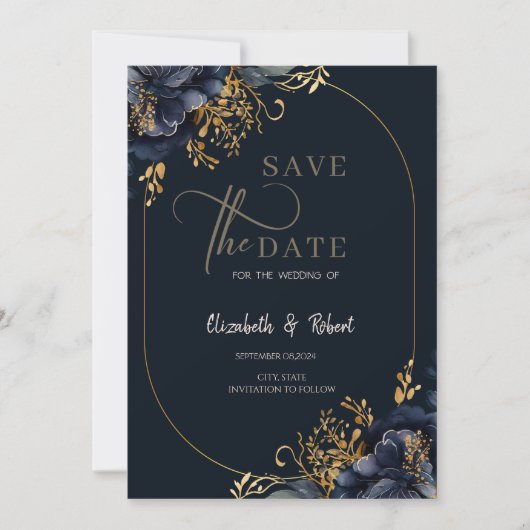 Elegante marineblauwe bloemen sparen de datum save the date (Voorkant)