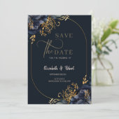 Elegante marineblauwe bloemen sparen de datum save the date (Staand voorkant)