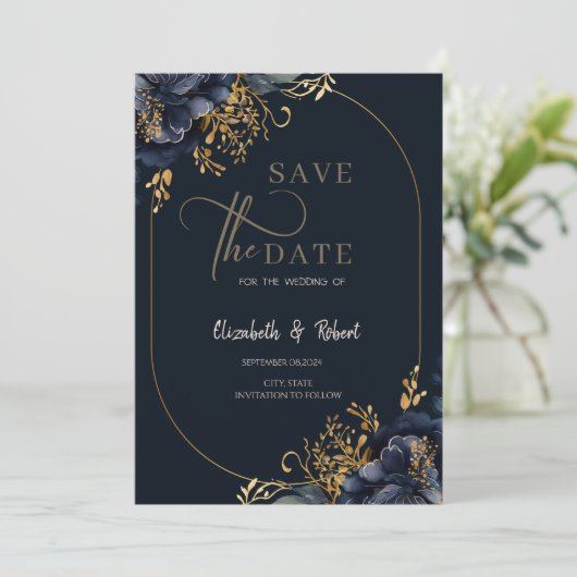 Elegante marineblauwe bloemen sparen de datum save the date (Staand voorkant)