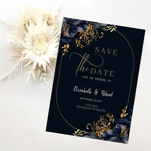 Elegante marineblauwe bloemen sparen de datum save the date