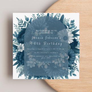 Elegante marineblauwe bloemen verjaardagsuitnodigi feestdagenkaart