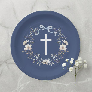 Elegante marineblauwe bloemenkruis papieren bord