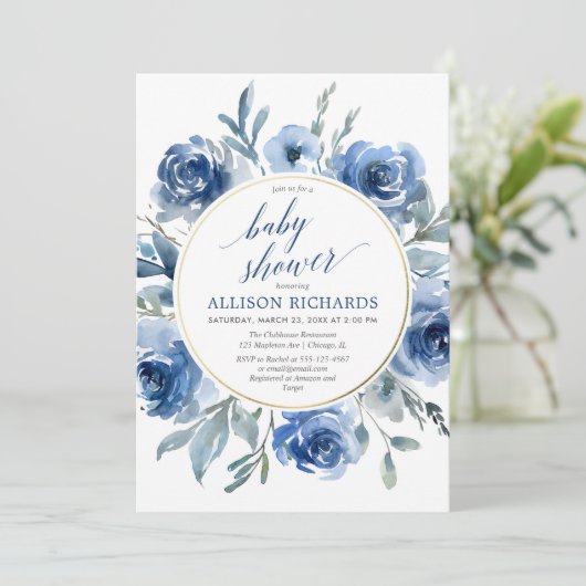 Elegante marineblauwe bloempioenrozen boy baby sho kaart (Staand voorkant)