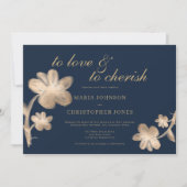 Elegante marineblauwe chique gouden script bloemen kaart (Voorkant)