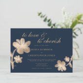 Elegante marineblauwe chique gouden script bloemen kaart (Staand voorkant)