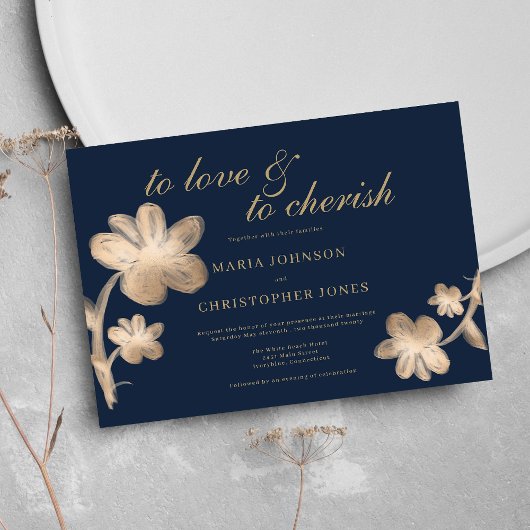 Elegante marineblauwe chique gouden script bloemen kaart