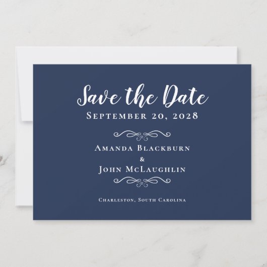 Elegante marineblauwe delicate romantische kalligr save the date (Voorkant)
