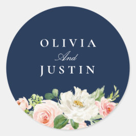 Elegante marineblauwe en blozende bloemen bruiloft ronde sticker