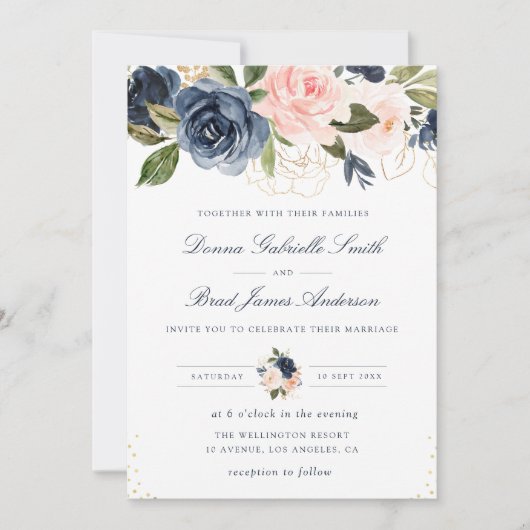 Elegante marineblauwe en blozende bloemenbruiloft kaart (Voorkant)