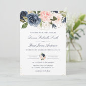 Elegante marineblauwe en blozende bloemenbruiloft kaart (Staand voorkant)