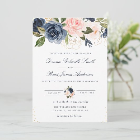 Elegante marineblauwe en blozende bloemenbruiloft kaart (Staand voorkant)