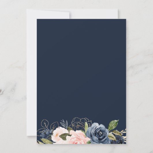 Elegante marineblauwe en blozende bloemenbruiloft kaart (Achterkant)