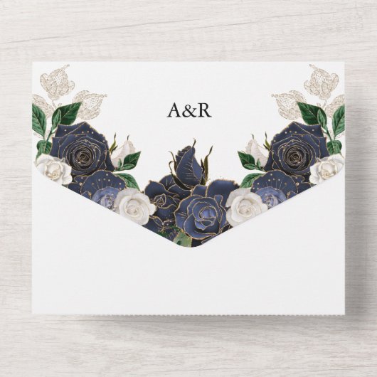 Elegante marineblauwe en witte bloemen bruiloft all in one uitnodiging (Achterkant)