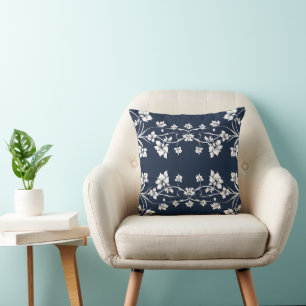 Elegante marineblauwe en witte chinoiserie bloemen kussen