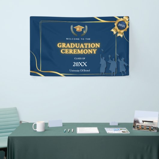 Elegante marineblauwe & gouden afstudeerceremonie spandoek (Beurs)