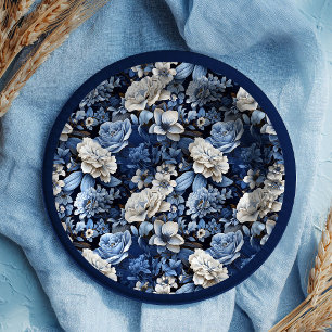 Elegante marineblauwe ivoorkleurige bloem luxueus  papieren bordje