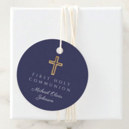 Elegante marineblauwe kruis eerste communie rond bedankjes labels