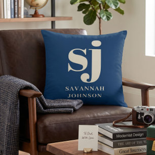 Elegante marineblauwe monogram beginletters kussen