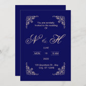 Elegante marineblauwe opvouwbare trouwuitnodiging kaart (Voorkant / Achterkant)