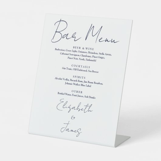 Elegante marineblauwe script barmenu reclamebord met voetstuk (Voorkant)