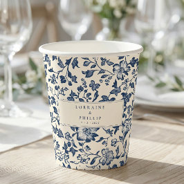 Elegante marineblauwe vintage bloemige trouwnamen papieren bekers