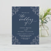Elegante marineblauwe vintage trouwuitnodigingen kaart (Staand voorkant)