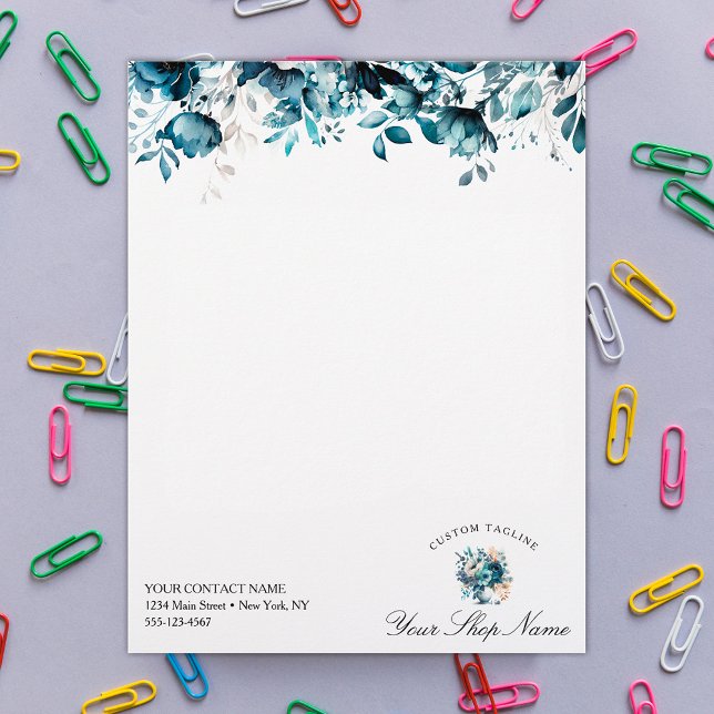 Elegante marineblauwe waterverf floral, bedrijfsna briefhoofd (Creator heeft geüpload)