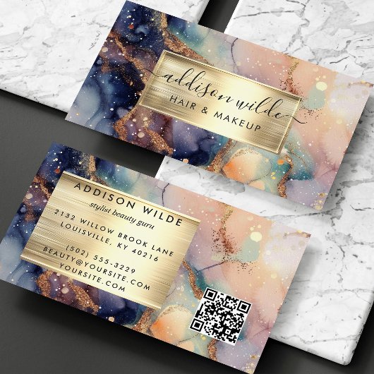 Elegante marineperzik en gouden Waterverf marmer Visitekaartje