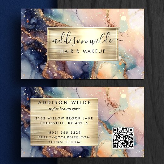 Elegante marineperzik en gouden Waterverf marmer Visitekaartje