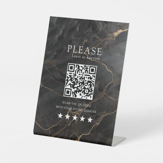 Elegante, Marmer-Black-Gold, Salon, QR-Code Review Reclamebord Met Voetstuk (Voorkant)