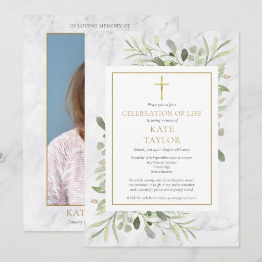 Elegante Marmeren Foto Viering van het Leven Begra Kaart (Voorkant / Achterkant)