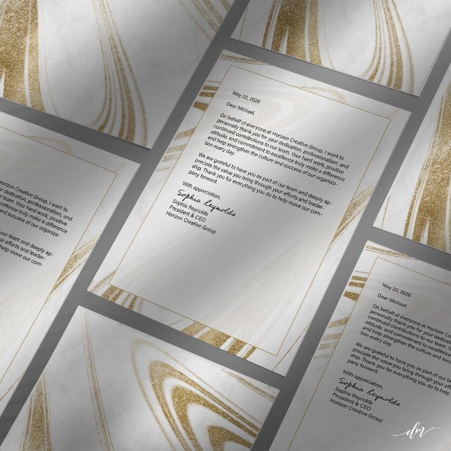 Elegante marmeren gouden briefhoofd (Two-sided letterhead layout for structured, polished business correspondence.)