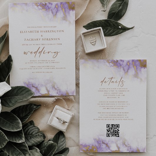 Elegante marmeren lavendel gouden QR-code bruiloft Kaart