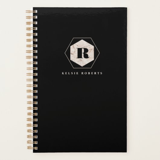 Elegante marmeren monogram maandelijkse week zwart planner (Voorkant)