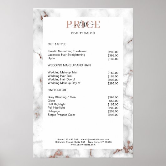 Elegante Marmeren Prijslijst Poster (Voorkant)