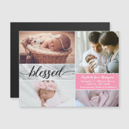 Elegante Marmeren Roze Gezegend Script Baby Meisje Magnetische Uitnodiging