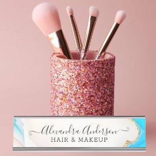 Elegante marmeren witte agaat blauw goud glitter bureau naambordje