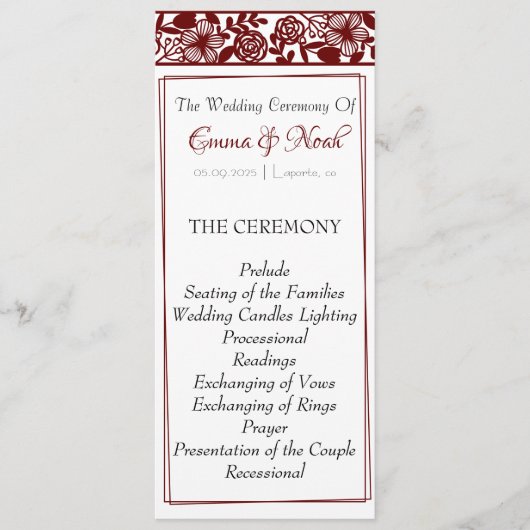 Elegante Maroon-Bourgondische bruiloft platte prog Programmakaart (Voorkant)