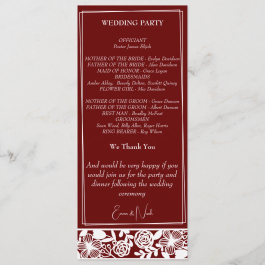 Elegante Maroon-Bourgondische bruiloft platte prog Programmakaart (Achterkant)