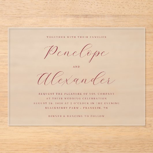 Elegante Maroon Calligrafie Acryl Uitnodigingen (Voorkant)