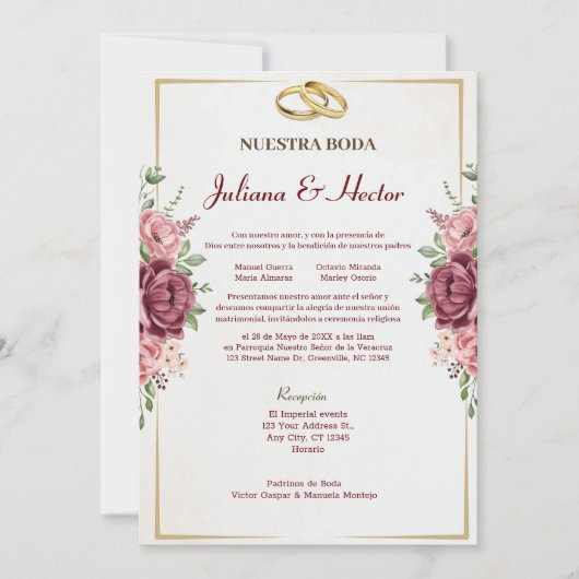Elegante Maroon en Gouden Bloemen Huwelijk Kaart (Voorkant)