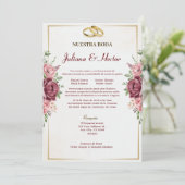 Elegante Maroon en Gouden Bloemen Huwelijk Kaart (Staand voorkant)