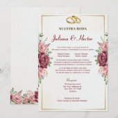 Elegante Maroon en Gouden Bloemen Huwelijk Kaart (Voorkant / Achterkant)