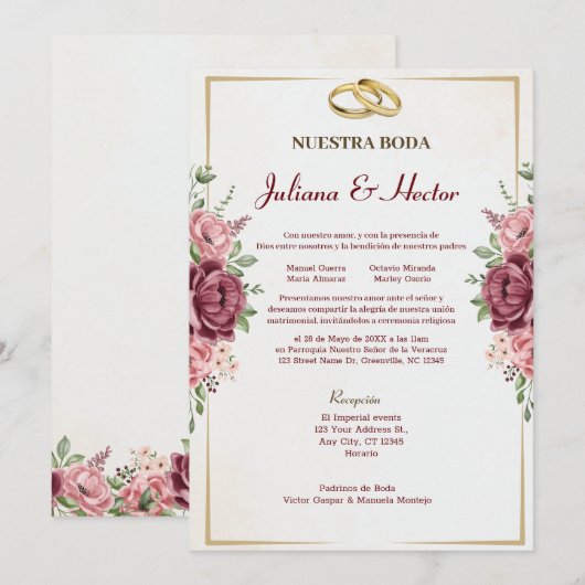 Elegante Maroon en Gouden Bloemen Huwelijk Kaart (Voorkant / Achterkant)