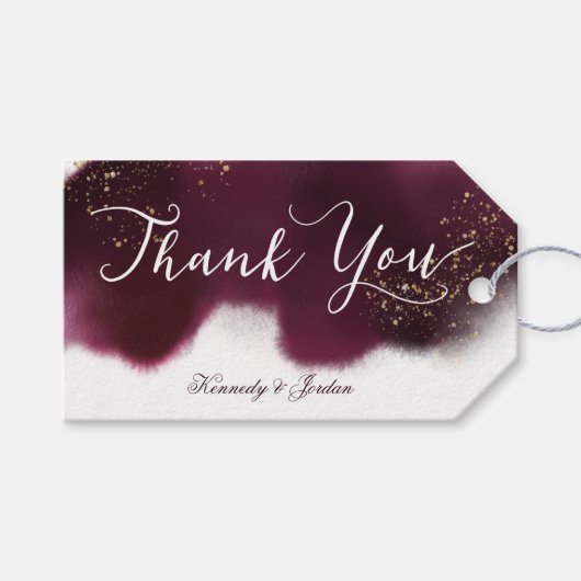 Elegante Maroon en Gouden Script bruiloft gunst Cadeaulabel (Voorkant (Horizontaal))