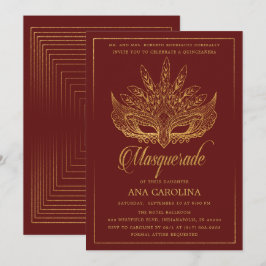 Elegante Maroon Gold Glitter Masquerade Quinceañer Kaart