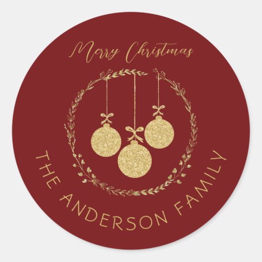Elegante Maroon Goud Glitter Kerstmis Familienaam Ronde Sticker (Voorkant)