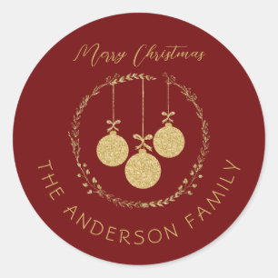 Elegante Maroon Goud Glitter Kerstmis Familienaam Ronde Sticker