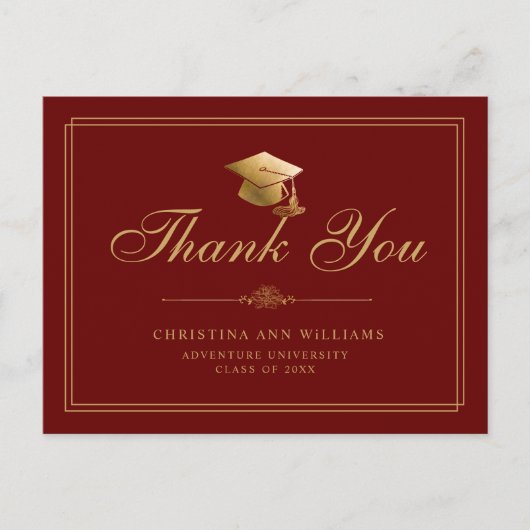Elegante Maroon Gouden Script Afstudeer Dankjewel Briefkaart (Voorkant)